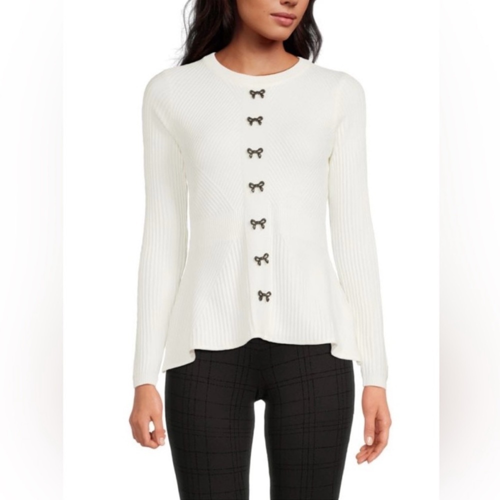 Nanette Lepore White Ribbed Sweater with Bow Button Accents XL